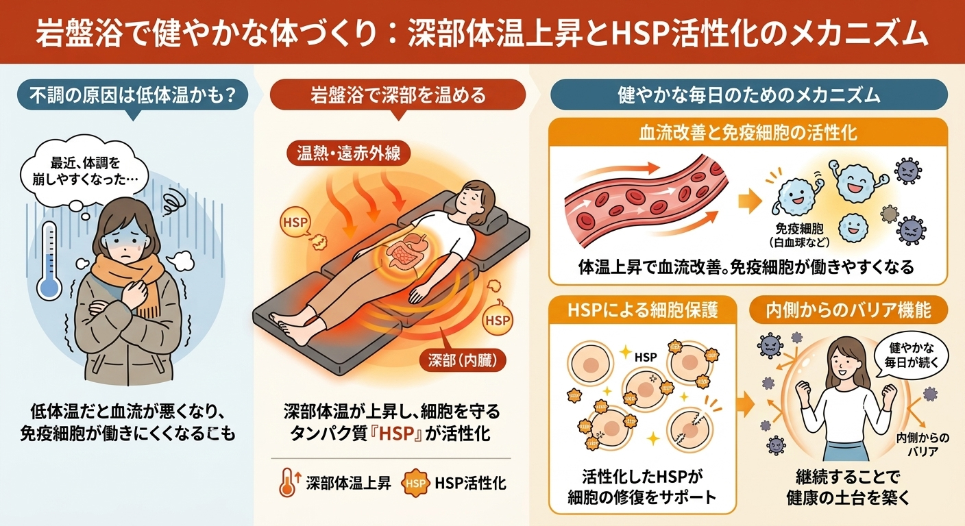 岩盤浴による深部体温上昇とHSP（ヒートショックプロテイン）活性化のメカニズム図解。冷えによる巡りの滞りに対し、岩盤浴で芯から温めることで巡りサポートとHSPの働きを促し、内側からのバリア機能（体を守る力）をサポートする流れを解説しています。