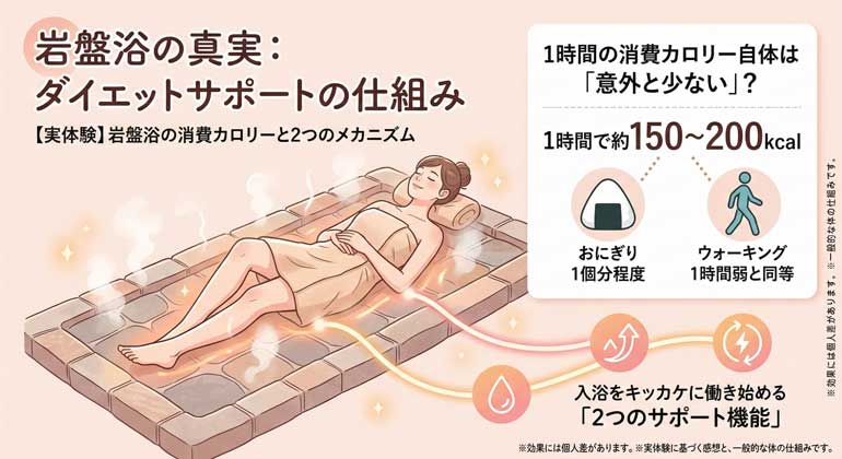 岩盤浴の体づくりサポートの仕組みを解説したインフォグラフィック。消費カロリーは1時間で150-200kcalだが、2つのサポート機能で健やかなサイクルを生み出す仕組みを示している。