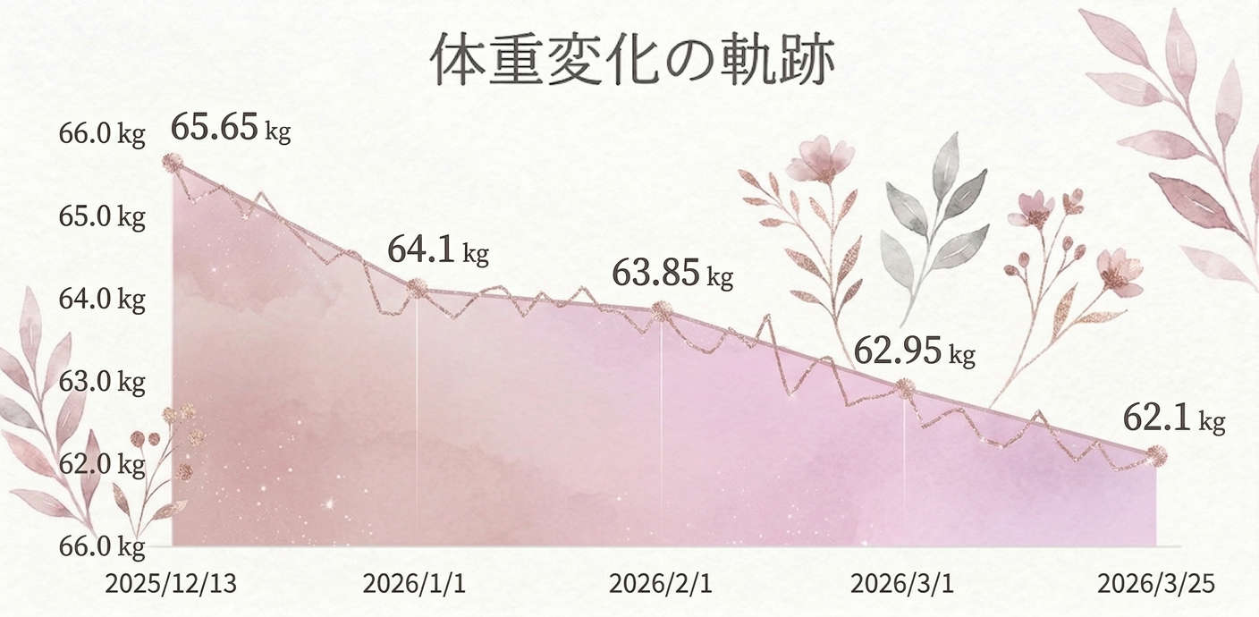 岩盤浴ダイエットの実録：約3ヶ月間の継続で65.65kgから62.1kgへ減少したリアルな体重推移グラフ