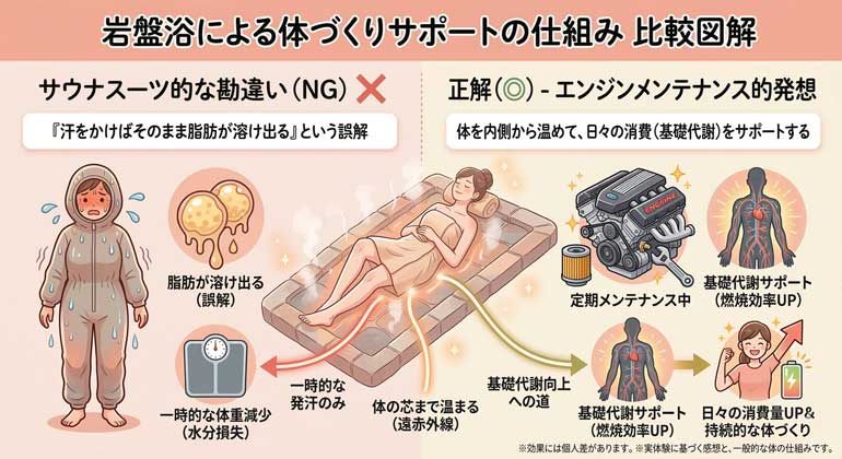 岩盤浴による体づくりサポートの仕組みの比較図解。「汗をかけばそのまま脂肪が溶け出る」というサウナスーツ的な勘違い（NG）に対し、正解（◎）は「体を内側から温めて、日々の消費（基礎代謝）をサポートする」というエンジンメンテナンス的な発想であることをイラストで分かりやすく解説しています。