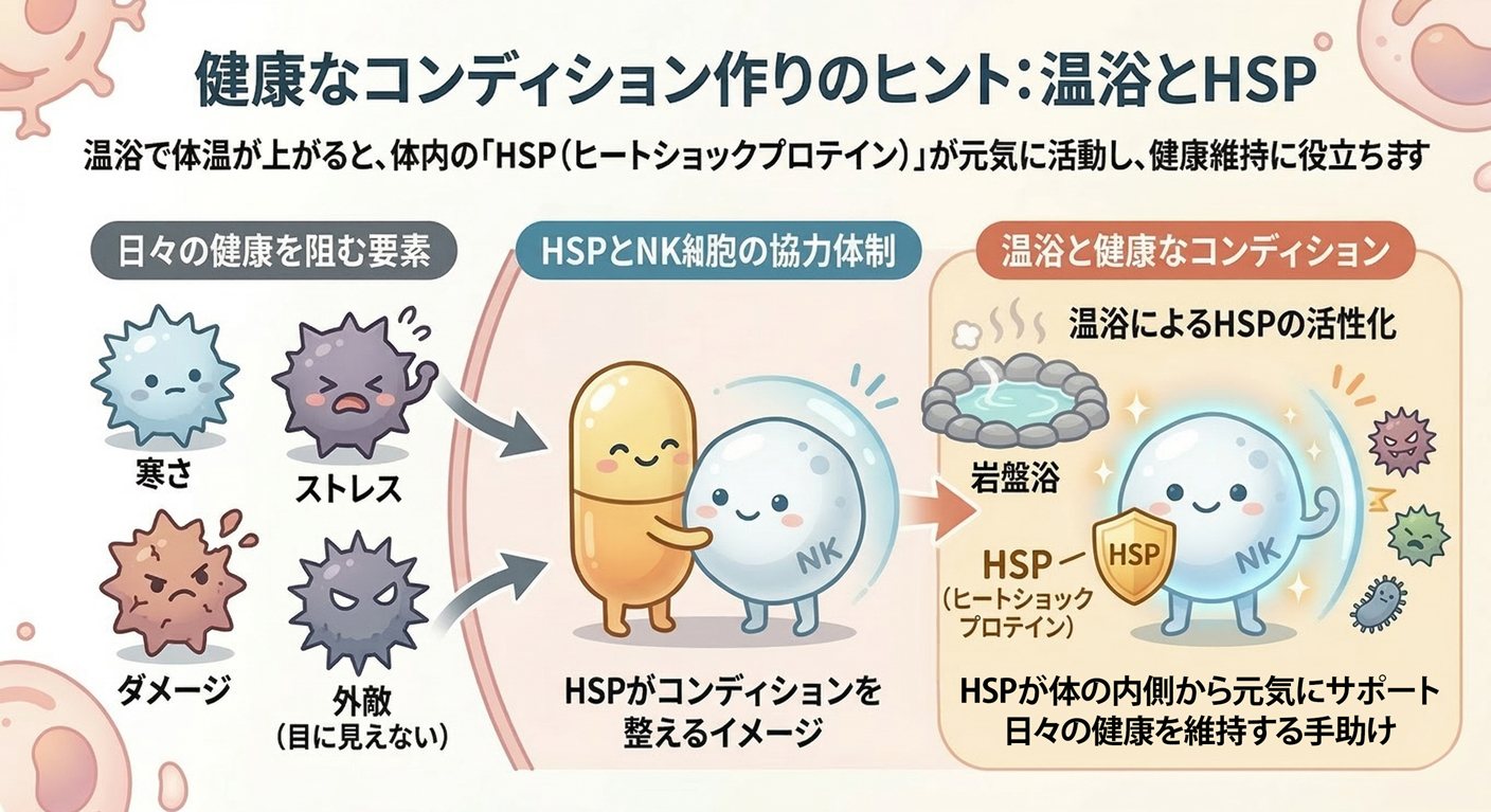 岩盤浴などの温浴で活性化するHSP（ヒートショックプロテイン）が体を守る細胞をサポートし、健康なコンディションを整えるイメージ図