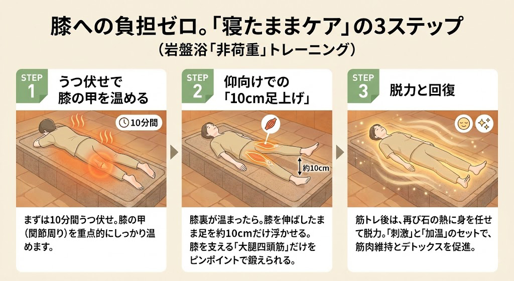 岩盤浴で行う膝ケア「非荷重トレーニング」の3ステップ図解。①うつ伏せで膝の甲（関節周り）を10分間温めて緊張を解く。②仰向けになり、膝の裏が温まりきったところで、膝を伸ばしたまま足を10cmだけ浮かせ、大腿四頭筋にアプローチする。③軽く動かした後は石の熱に身を任せて脱力・リラックスする様子。