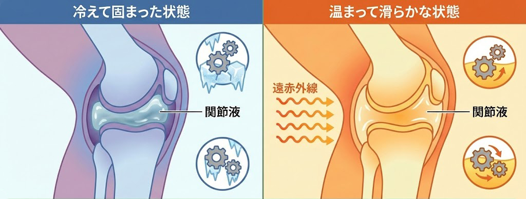 岩盤浴の遠赤外線で膝の関節液が温まり、冷えて固まった状態から滑らかな状態へ変化するメカニズムの図解