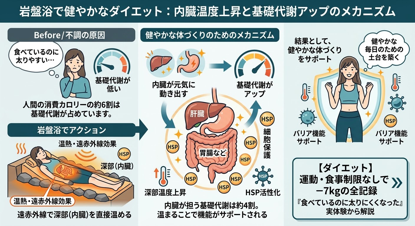 岩盤浴の遠赤外線で深部を温め、基礎代謝アップをサポートするメカニズムの図解。人間の消費カロリーの多くを担う体の中心を深部から温めることで働きを助け、「食べているのに太りにくい」健やかな体づくりを目指すプロセスを解説しています。