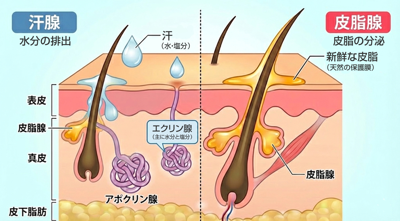 汗腺（エクリン腺）と皮脂腺の構造を比較した図解。岩盤浴でかく水に近い汗と、皮脂腺から分泌された新鮮な皮脂が混ざり合い、肌の潤いを守る天然の保護膜となる仕組みを解説しています。